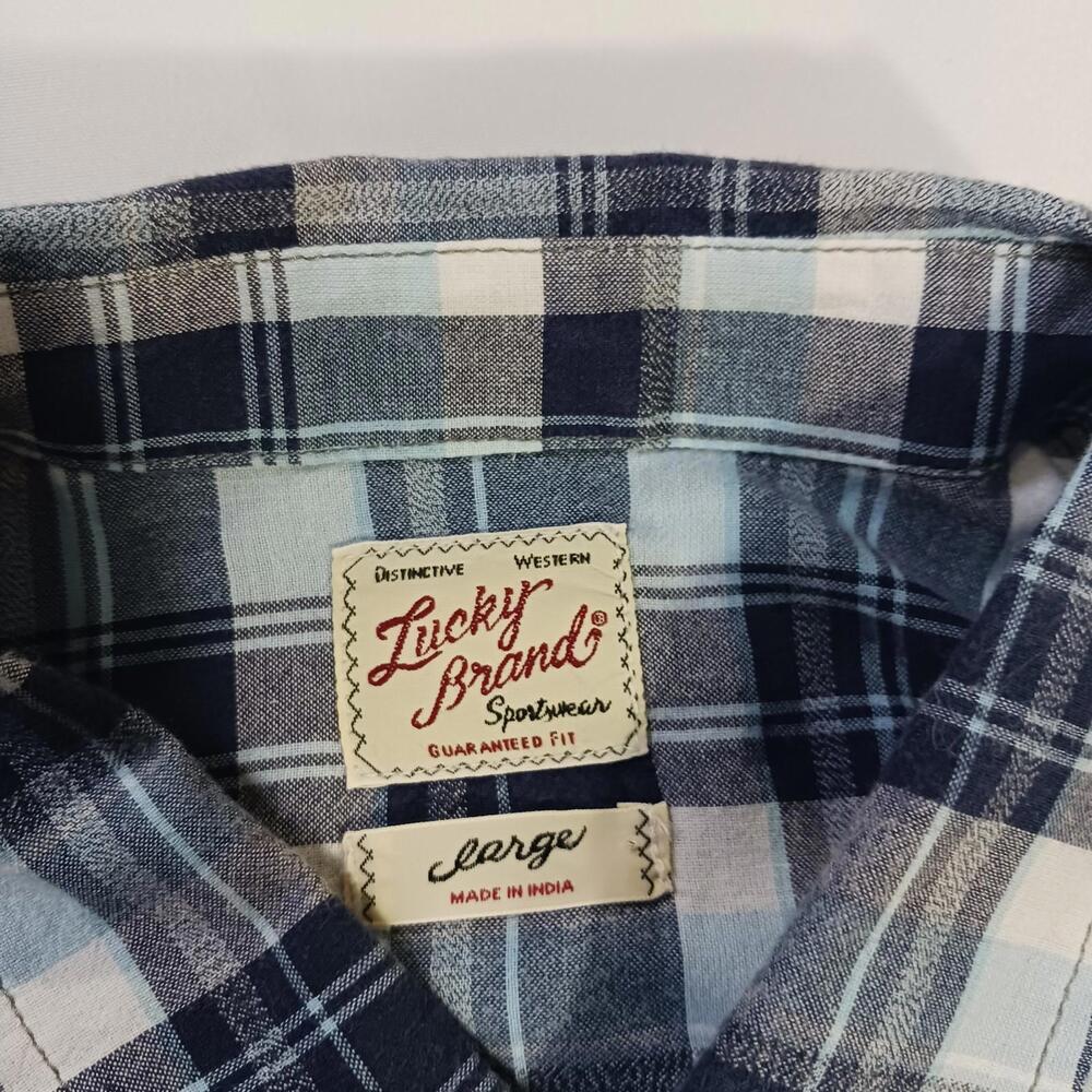 Lucky Brand Sportswear Men's Western Pearl Snap Button Up Blue Plaid Shirt Sz L - Picture 4 of 16